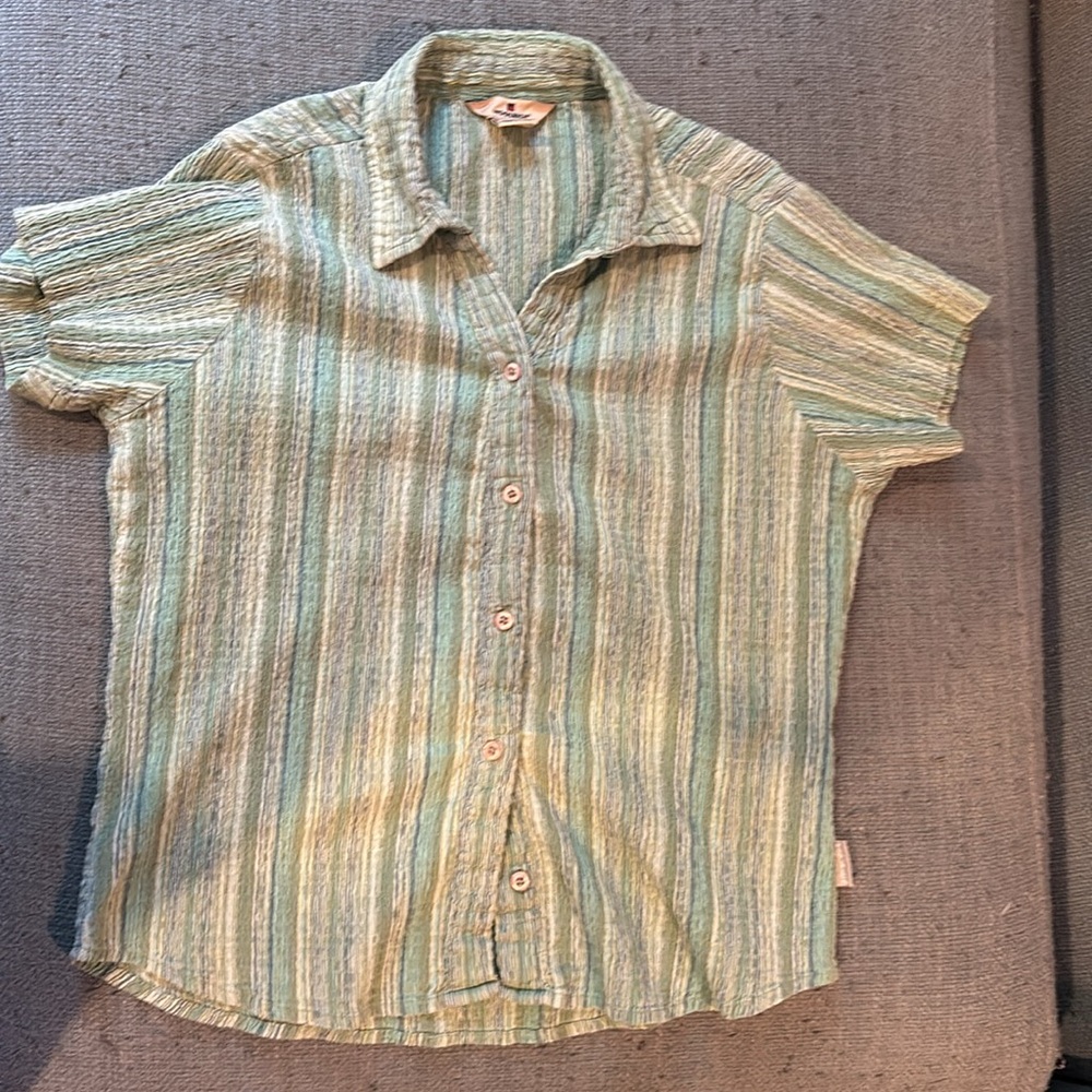 Vintage Woolrich Crinkle Fabric Blue and Green Button Down with Short Sleeves